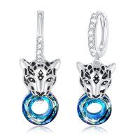 wholesale 925 Sterling Silver Leopard Head Earrings With Blue Crystal Hoops And Zircon Accents-06-Panther