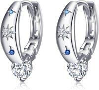 wholesale 925 Sterling Silver Moon & Star Hoop Earrings with Blue Cubic Zirconia Stones for Women-Moon Star