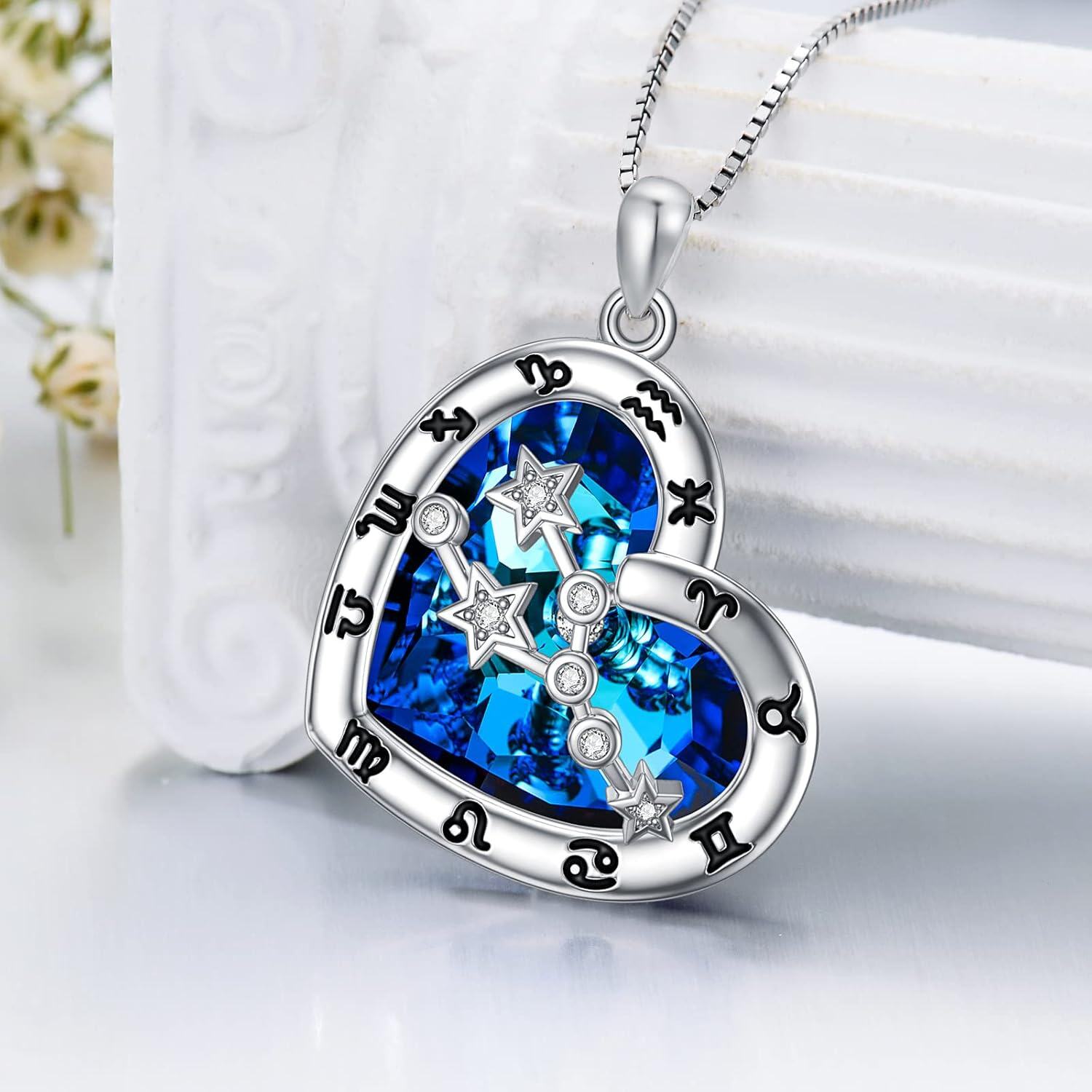 wholesale 925 Sterling Silver Blue Crystal Heart Zodiac Constellation Pendant Necklace-0-3