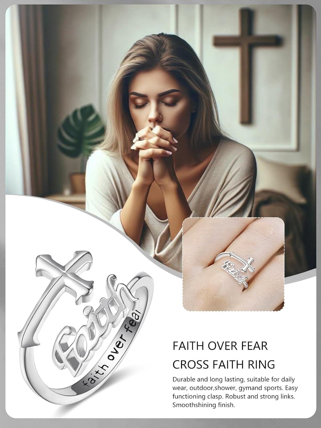 Sterling Silver Faith Cross Ring for Women Christian Crucifix Jewelry-0-5