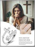 wholesale 925 Sterling Silver Faith Overcome Fear Cross Ring for Women, Adjustable Religious Jewelry Gift-0-5
