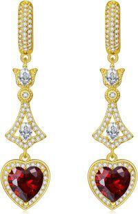 wholesale Gold-Plated 925 Sterling Silver Garnet Heart Shape Cubic Zirconia Dangle Drop Earrings for Women-Red Heart