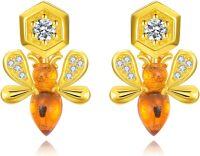 wholesale 925 Sterling Silver Honeycomb Bee Amber Drop Dangle Earrings for Women Girls-Bee Earrings