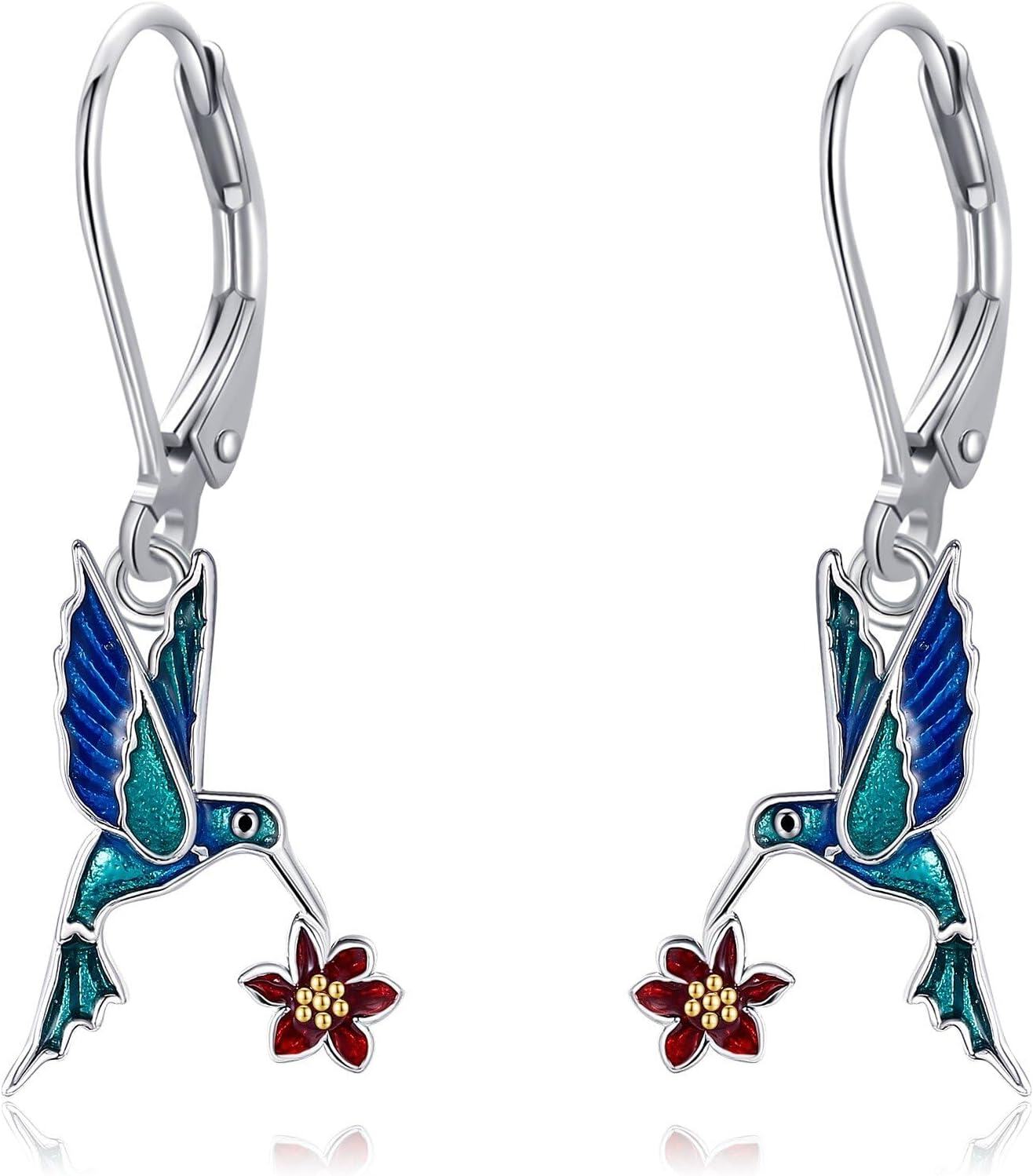 Sterling Silver Animal Earrings Horse Bee Llama Owl Jellyfish Parrot Bunny Duck Penguin Flamingo Paw Print Panda Dolphin Hummingbird for Mom-Hummingbird Leverback-Hummingbird Leverback
