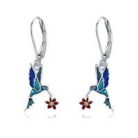 wholesale 925 Sterling Silver Hummingbird Earrings Wholesale With Enamel And Flower Charm-Hummingbird Leverback-Hummingbird Leverback