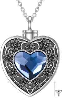 wholesale 925 Sterling Silver Heart Shaped Cremation Jewelry Pendant with Blue Crystal and Funnel Fill Kit-Sunflower