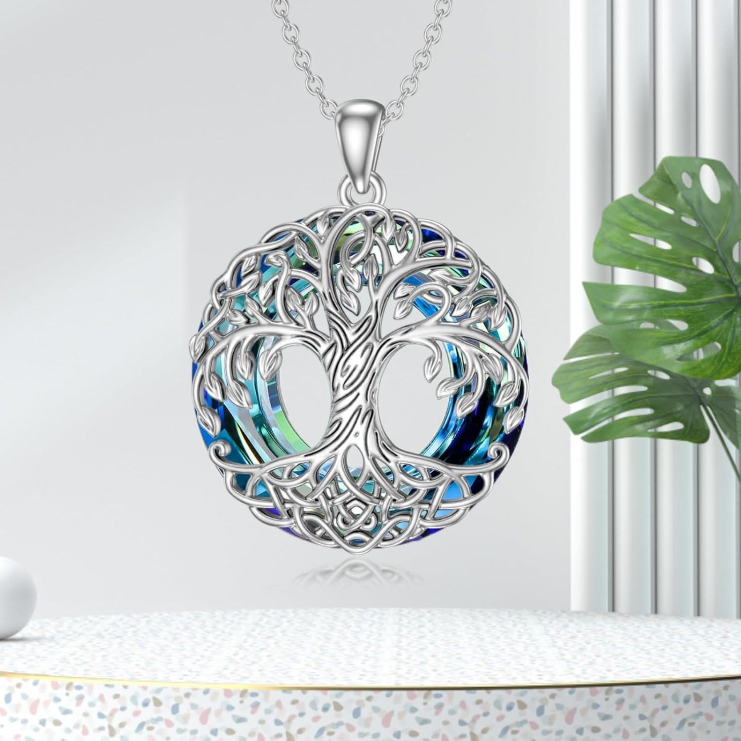 925 Sterling Silver Blue Moonstone Tree of Life Pendant with 18+2 Chain-0-1