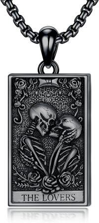 wholesale Sterling Silver Tarot Card Necklace w Sun Moon Star Strength Lovers Death Devil Fool Unisex Gift-Lovers_Black