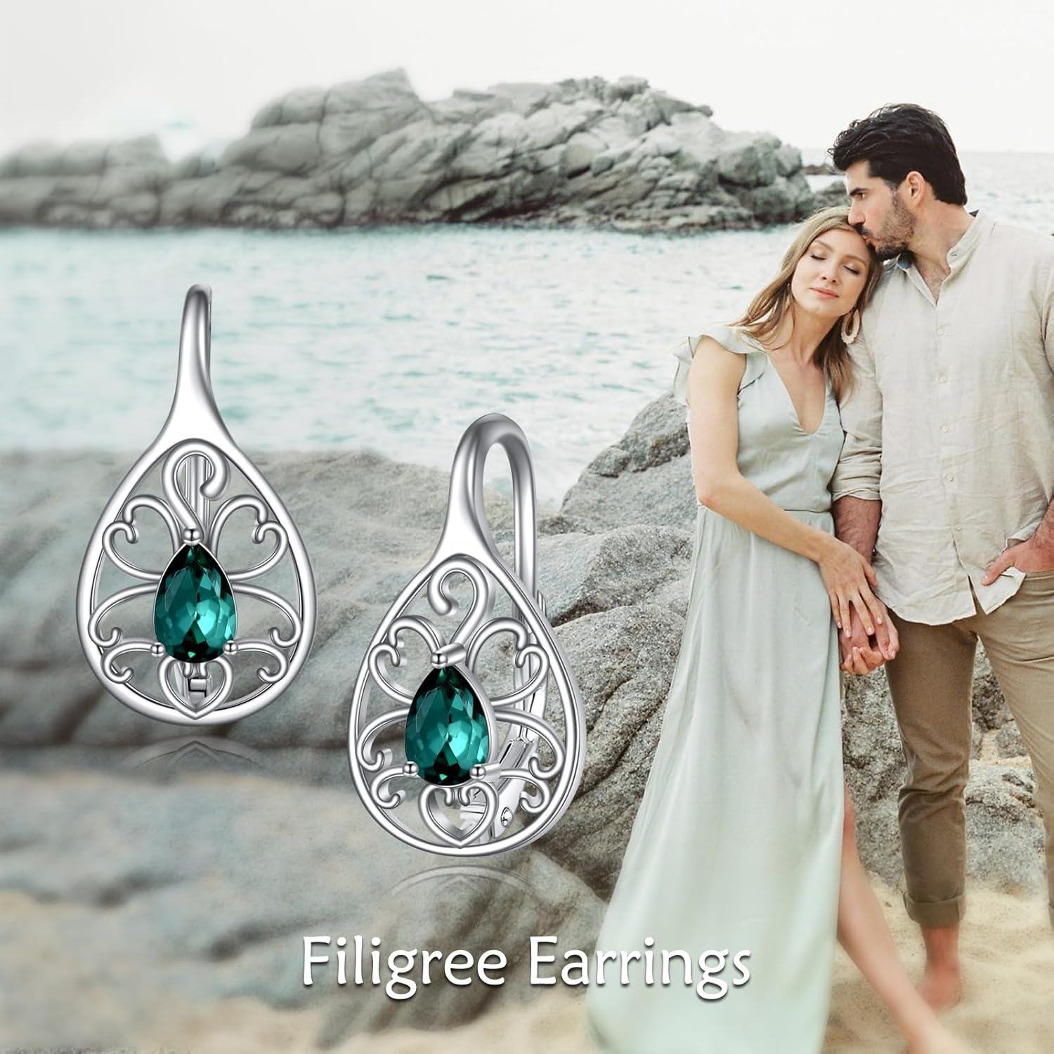 Sterling Silver Moonstone Lapis Onyx Agate Emerald Filigree Huggie Hoop Earrings-0-6