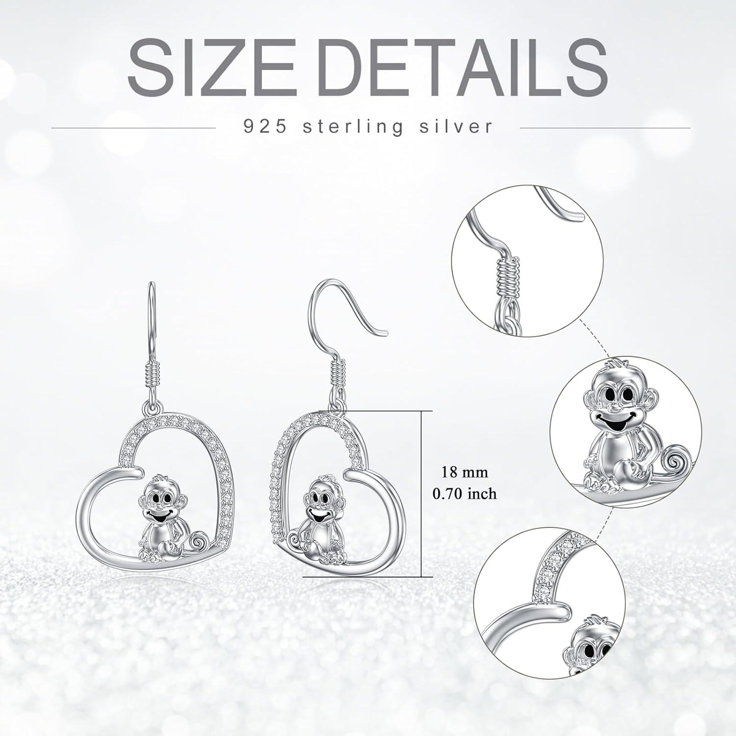 wholesale 925 Sterling Silver Monkey in Heart Drop Earrings - Cute Animal Charm Gift for Her-0-3