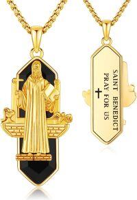 wholesale Gold Plated 925 Sterling Silver Saint Benedict Medal Necklace with Onyx Stone and Engraved Prayer for Men Women Catholic Gifts-St Benedict