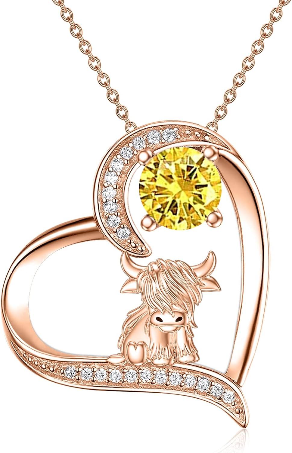 Sterling Silver Highland Cow Birthstone Necklace Jewelry Gifts for Women Girls-2-11--2-11-