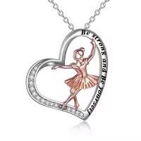 wholesale 925 Sterling Silver Heart Pendant Necklace Wholesale with Ballet Dancer Charm and Inspirational Message Be Strong - Perfect Gift for Dance Lovers-silver-Ballerina Necklace Style 2