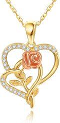 wholesale 14K Gold Rose Flower in Heart Shape Pendant Necklaces for Women Girl's Valentines Day Gifts-0-0