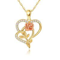 wholesale 14K Gold Rose Flower in Heart Shape Pendant Necklaces for Women Girl's Valentines Day Gifts-F-Rose-Double Heart