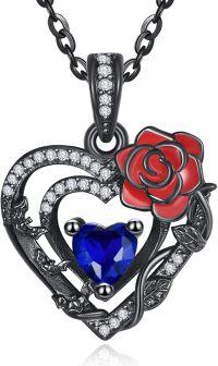 wholesale 925 Sterling Silver Red Rose Black Heart Birthstone Necklace for Women-09 Sep - Sapphire