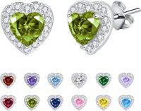 wholesale 925 Sterling Silver Cubic Zirconia 12 Birthstone Heart Stud Earrings-08-Aug.