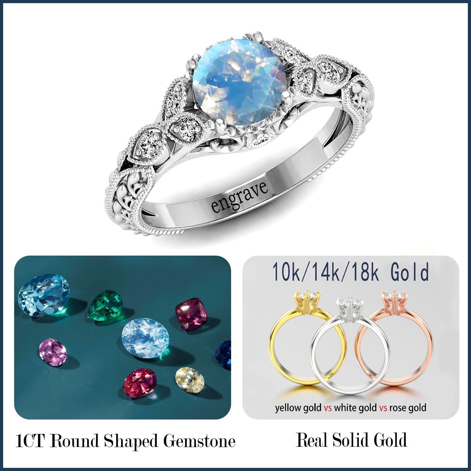 14K Gold Round Cut Gemstone Vintage Engagement Ring for Women 1ct-0-5
