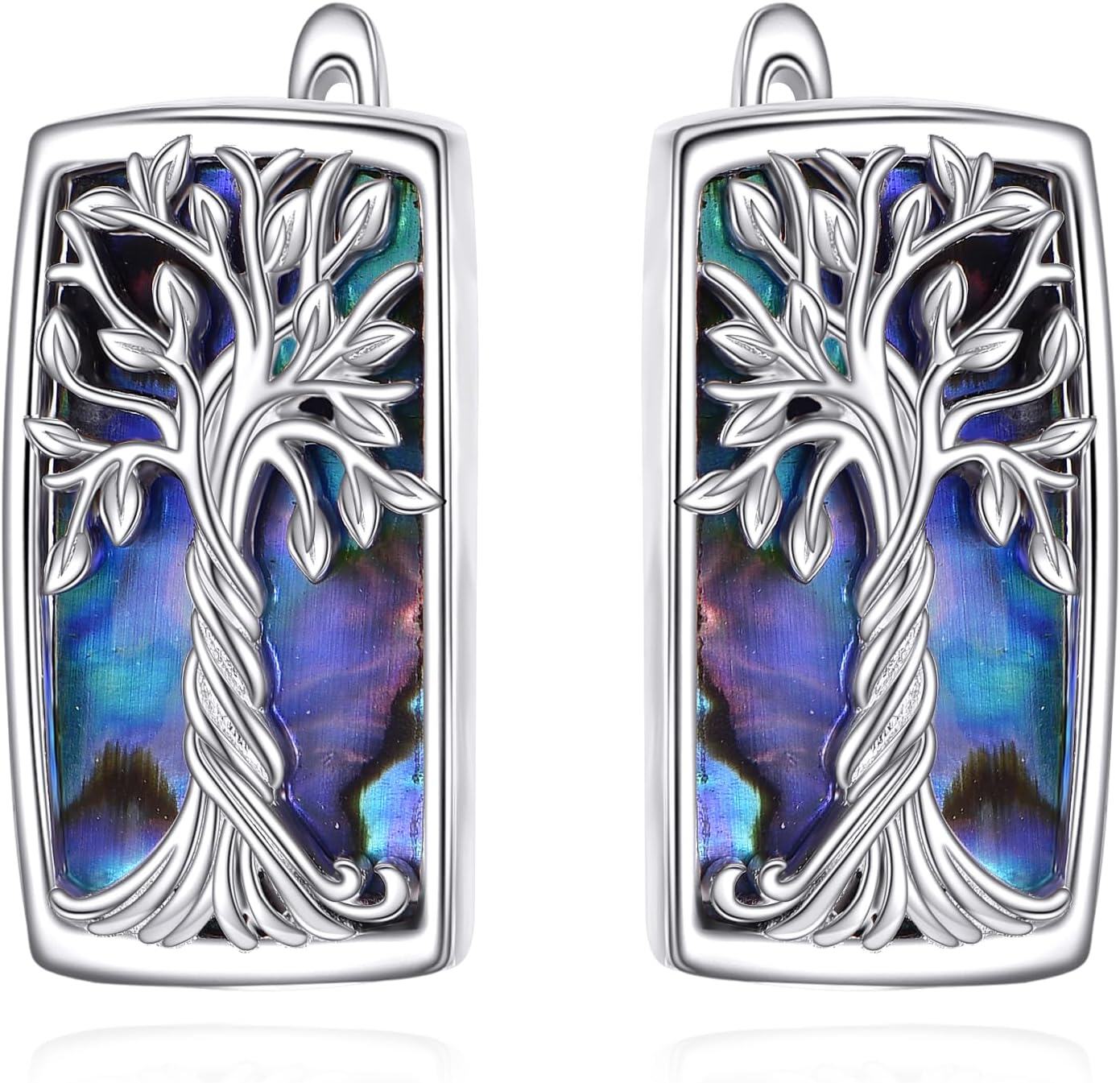 Sterling Silver Abalone Celtic Dragonfly Filigree Paw Print Hoop Earrings-Tree of Life