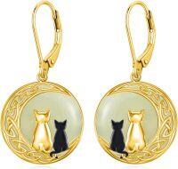 wholesale 14K Gold Plated Sterling Silver Round Natural Jade Earrings for Women-C-Cat Two-Gold