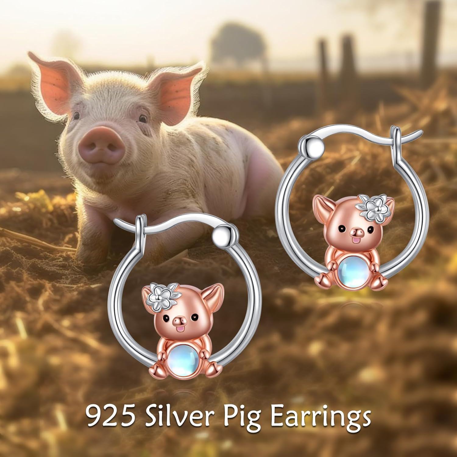 925 Sterling Silver Piglet Moonstone Hoop Earrings for Women-0-4