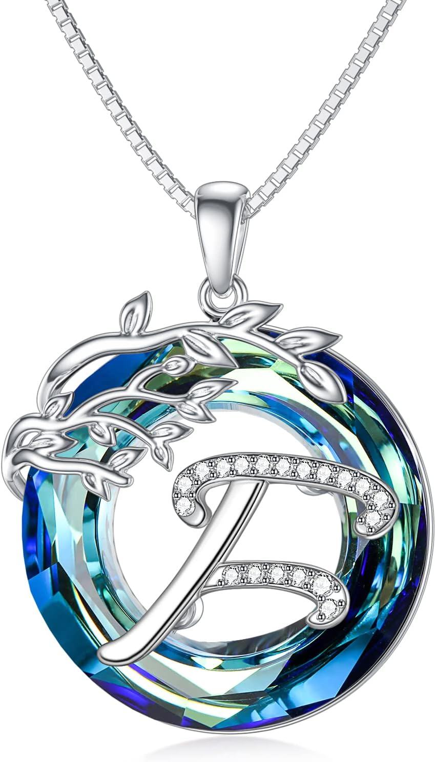 Sterling Silver Blue Crystal Tree of Life A Z Letter Pendant Necklace-Alphabet F
