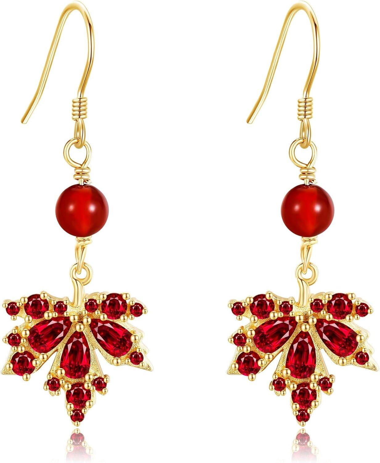 Gold Plated Red Crystal Leaf Drop Dangle Earrings  for Her-0-0