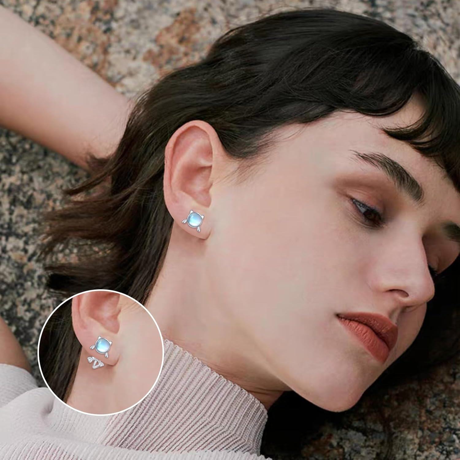 wholesale 925 Sterling Silver Moonstone Cat Stud Earrings for Women - Cute Animal -0-2