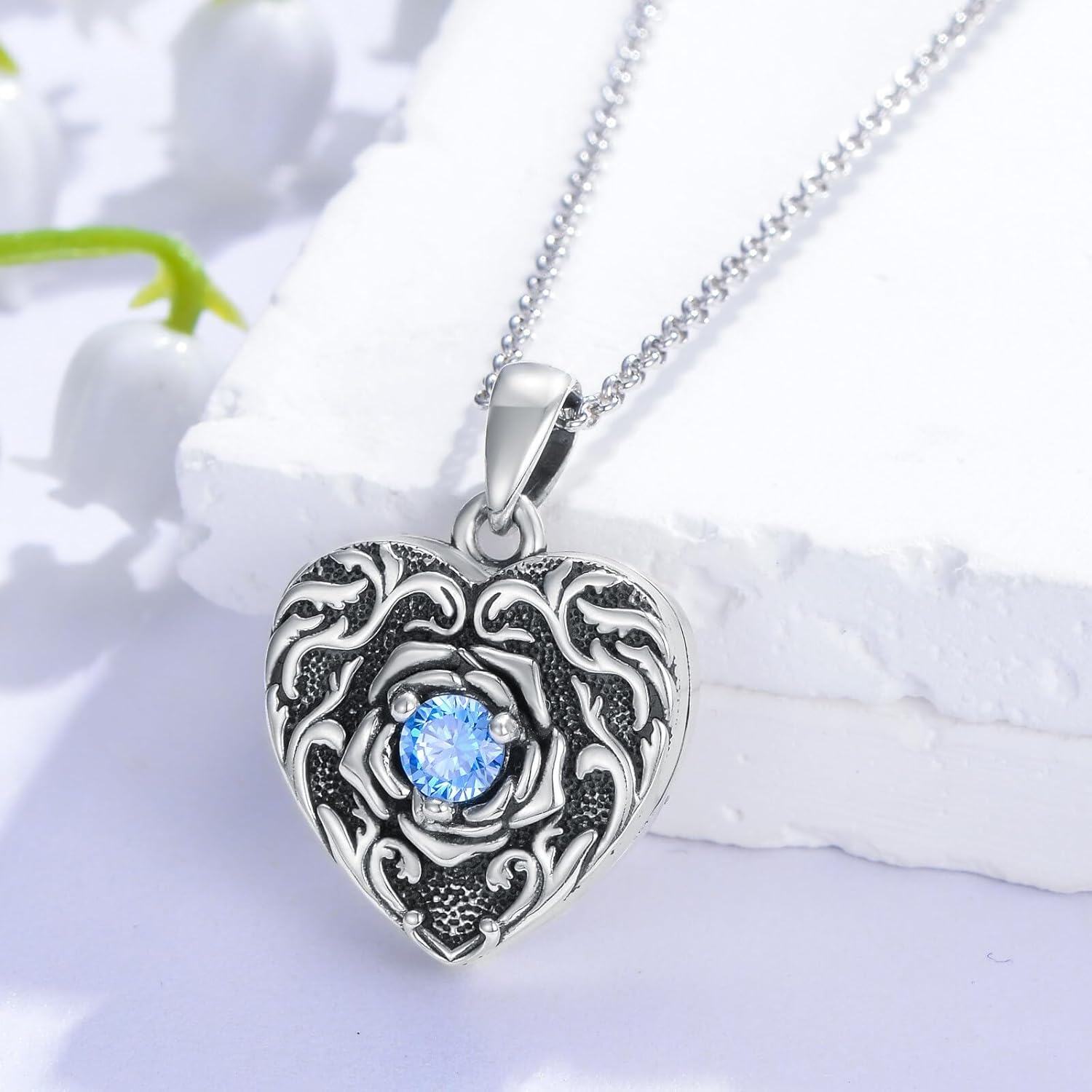 Sterling Silver Rose Flower Compass Photo Locket Necklace for Women-0-2