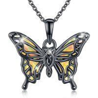 wholesale 925 Sterling Silver Butterfly Pendant Necklace Black Gold Plated Opal For Women-C-Black-Opal-Yellow