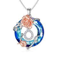 TOUPOP Sterling Silver Blue Crystal Rose O Initial Letter Pendant Necklace For Women-undefined