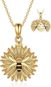 wholesale Gold 925 Sterling Silver Bee and Flower Locket Necklace with You Are My Sunshine Inscription-C-Bee Gold