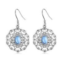 wholesale 925 Sterling Silver Blue Moonstone Drop Earrings Vintage Filigree Oxidized Oval Jewelry-9-Boho Filigree Earrings with Moonstone