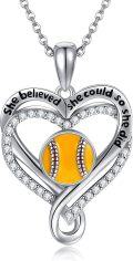 wholesale 925 Sterling Silver Softball Heart Pendant Necklace with Cubic Zirconia and Inspirational Message She Believed She Could So She Did - Gifts for Women-0-0