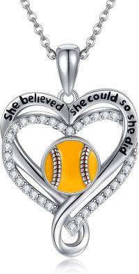 wholesale 925 Sterling Silver Softball Heart Pendant Necklace with Cubic Zirconia and Inspirational Message She Believed She Could So She Did - Gifts for Women-Baseball