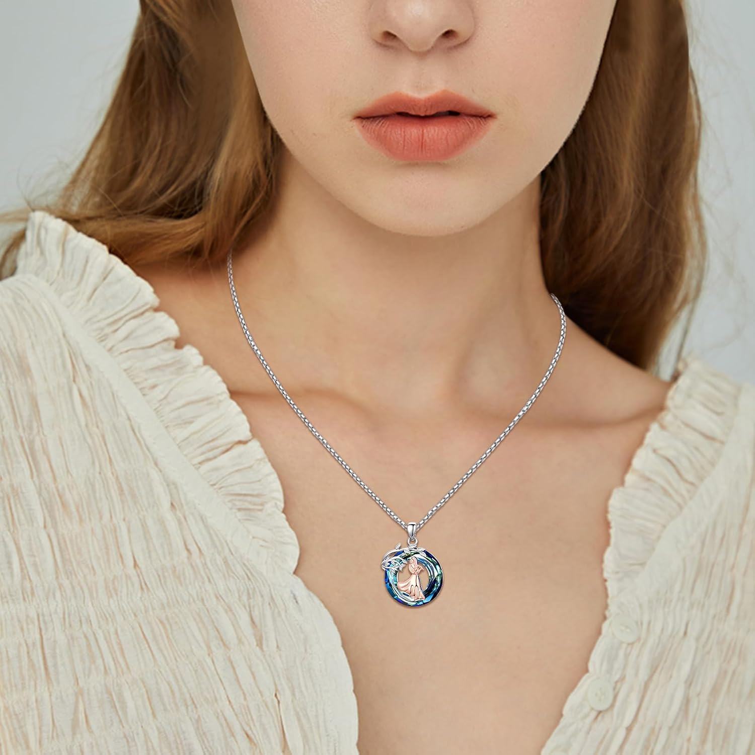 wholesale 925 Sterling Silver Blue Crystal Sports Music Girl Pendant Necklace for Women-0-4