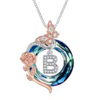 TOUPOP Sterling Silver Blue Crystal B Letter Butterfly Rose Necklace-undefined
