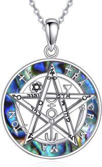 wholesale 925 Sterling Silver Round Abalone Shell Inlay Pentagram Wicca Witchcraft Pendant Necklace for Women Girls  48cm Chain Length-Abalone Shell Pentagram Necklace