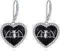wholesale 925 Sterling Silver Black Enamel Heart with Bat Drop Earrings for Women-0-0