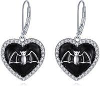 wholesale 925 Sterling Silver Black Enamel Heart with Bat Drop Earrings for Women-Bat