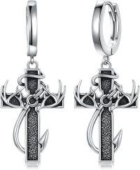 wholesale 925 Sterling Silver Antler Cross Huggie Hoop Earrings for Men-1-Silver