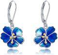 wholesale 925 Sterling Silver Blue Enamel Hibiscus Flower Drop Earrings-0-0