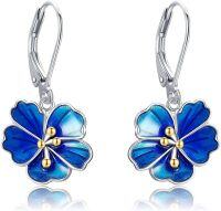 wholesale 925 Sterling Silver Blue Enamel Hibiscus Flower Drop Earrings-Blue Cherry Blossom