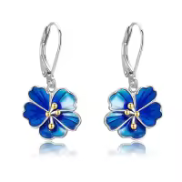 wholesale 925 Sterling Silver Blue Enamel Hibiscus Flower Drop Earrings-Blue Cherry Blossom