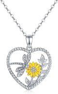 wholesale 925 Sterling Silver Heart-Shaped Dragonfly & Sunflower Pendant Necklace for Women and Men-0-0