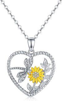 wholesale 925 Sterling Silver Heart-Shaped Dragonfly & Sunflower Pendant Necklace for Women and Men-C-Sunflower Dragonfly necklace