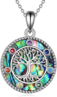 wholesale 925 Sterling Silver Abalone Shell Tree of Life Pentagram Triple Moon Goddess Pendant Necklace with Multi-Colored Stones and Chain 30-H-7 Chakra Tree of Life Necklace