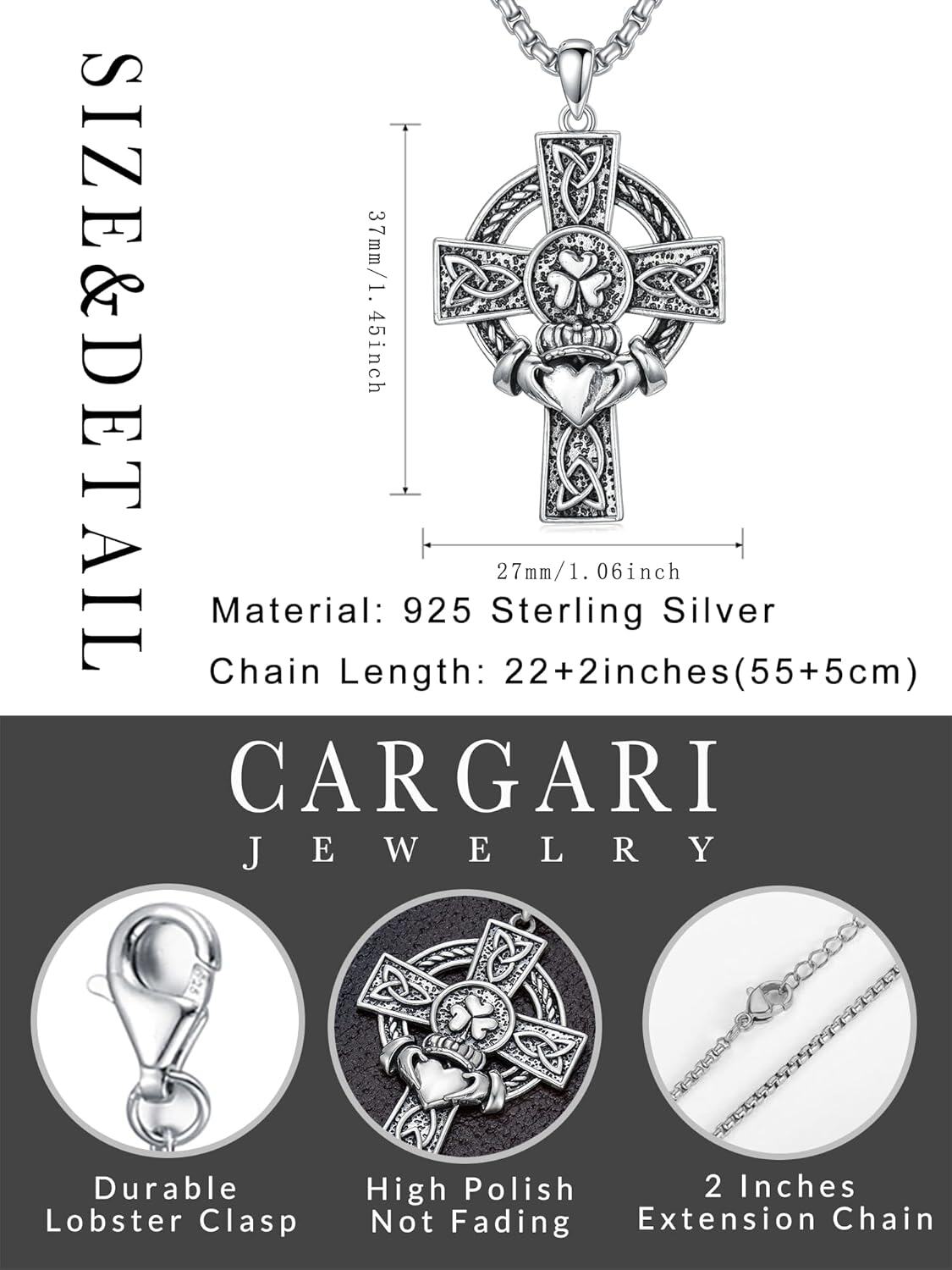 wholesale 925 Sterling Silver Celtic Knot Claddagh Shamrock Cross Pendant Necklaces for Men & Women Protection s with 24+2Rolo Chains (Gift Box Included)-0-1