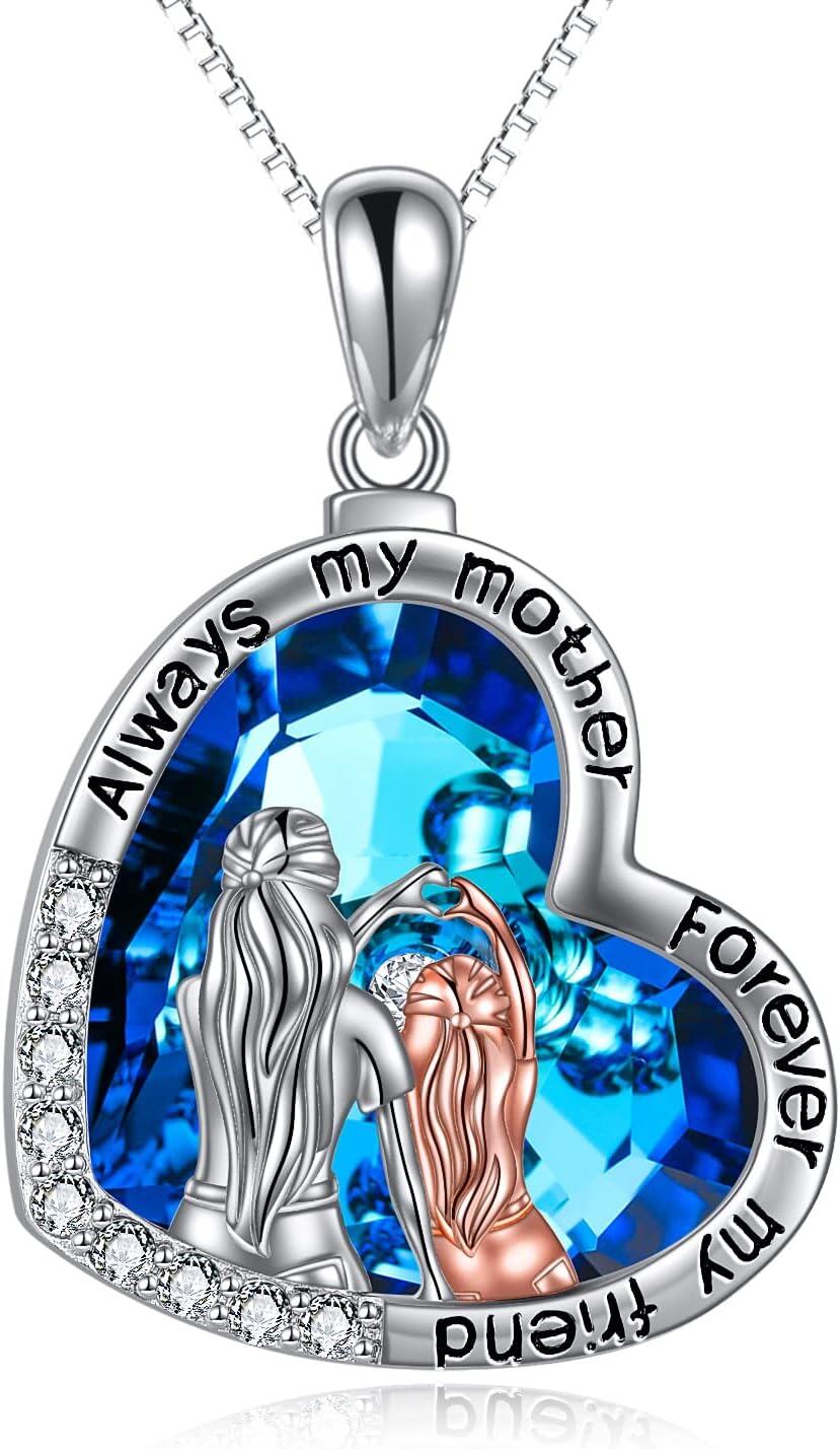 Sterling Silver Stone Mother Daughter Necklace Gift for Mom-S-mother daughter heart blue crystal