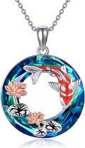 wholesale 925 Sterling Silver Round Crystal Lotus and Koi Fish Pendant Necklace for Women-0-0